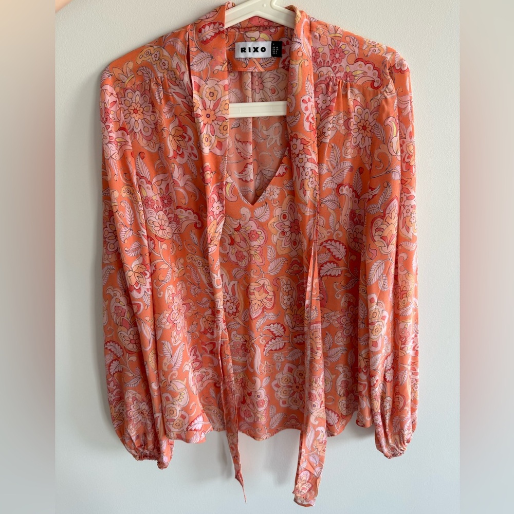 RIXO Orange Paisley Tie-Neck Blouse